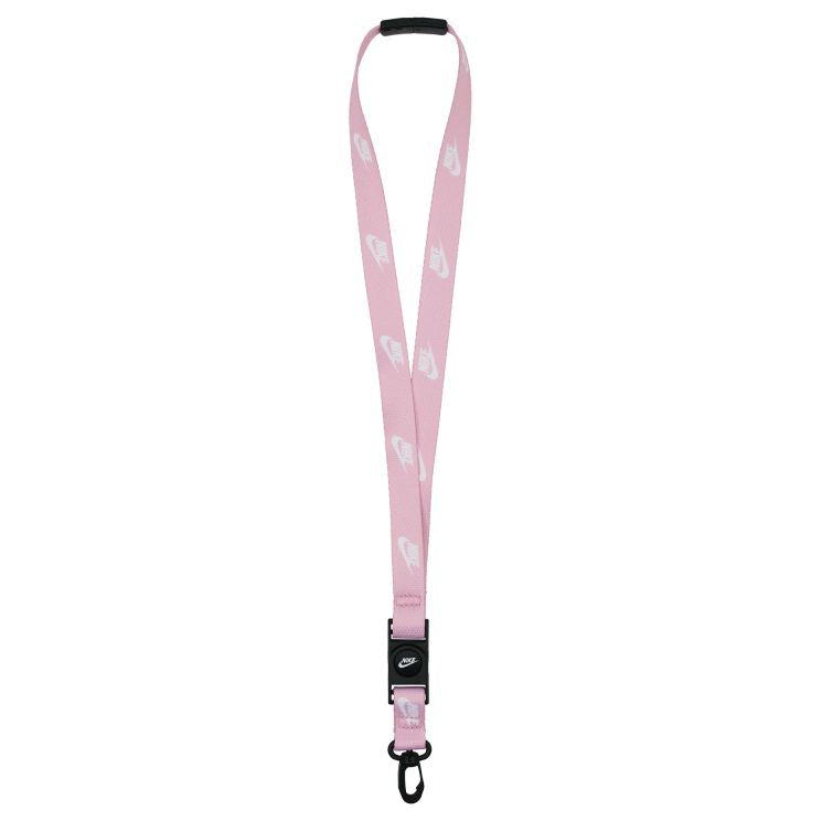 Pink lanyard with a black clip on a white background