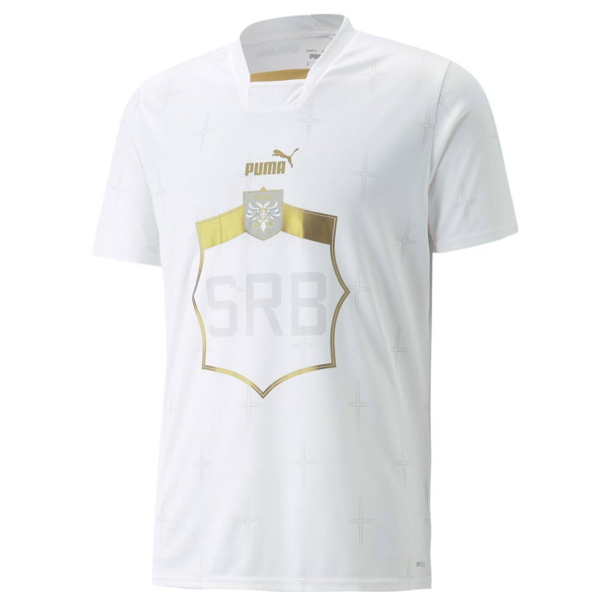 Puma Serbia 22/23 Away Jersey in white with gold details, featuring the Puma logo and the letters 'SRB' on the front.