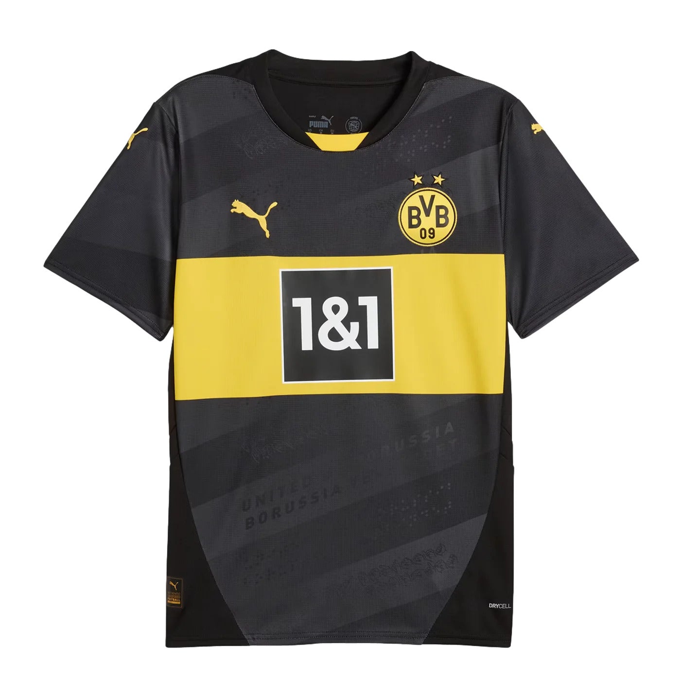 Puma Borussia Dortmund 24/25 Away Jersey featuring a black and yellow color scheme with a geometric pattern, a Puma logo, and the number 1&1 displayed prominently.