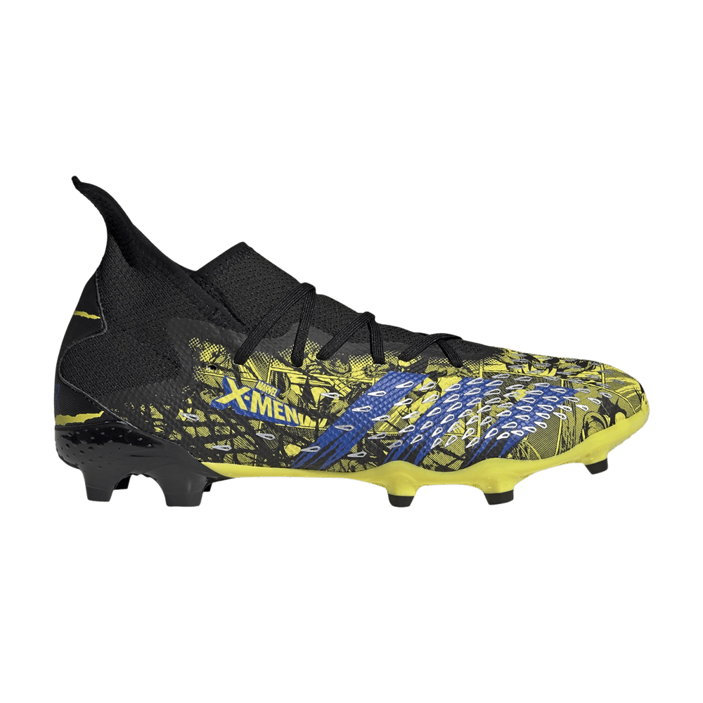 Black, yellow, and blue soccer cleat with 'X-Men' branding on a white background