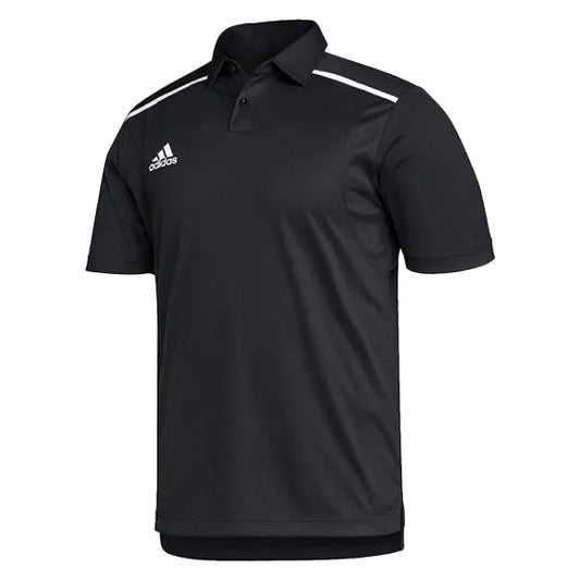 A black Adidas polo shirt with white stripes on the collar and a white Adidas logo on the chest.