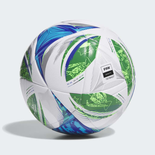 A soccer ball with a geometric pattern of blue, white, and green.
