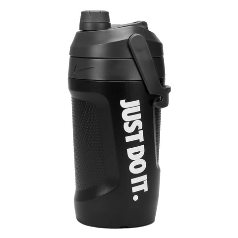 A black Nike Fuel Jug 40oz chug water bottle with the brand's logo and the text 'JUST DO IT.'