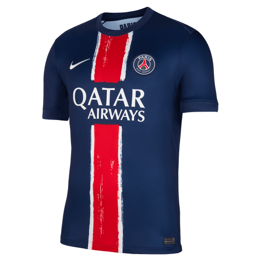 Nike Paris Saint-Germain home jersey for the 24/25 season, predominantly blue with red and white accents, sponsor logo Qatar Airways, and Nike logo.