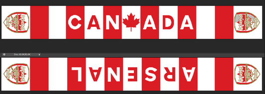 A scarf featuring the words 'CANADA' and 'ARSENAL' with a red and white color scheme, and the Arsenal FC crest.