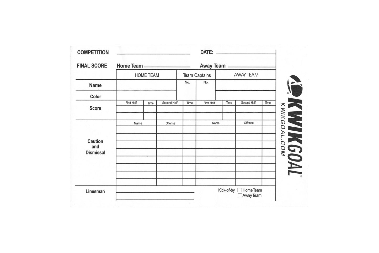 Feuilles de score d'arbitre Kwik Goal (paquet de 25 feuilles)