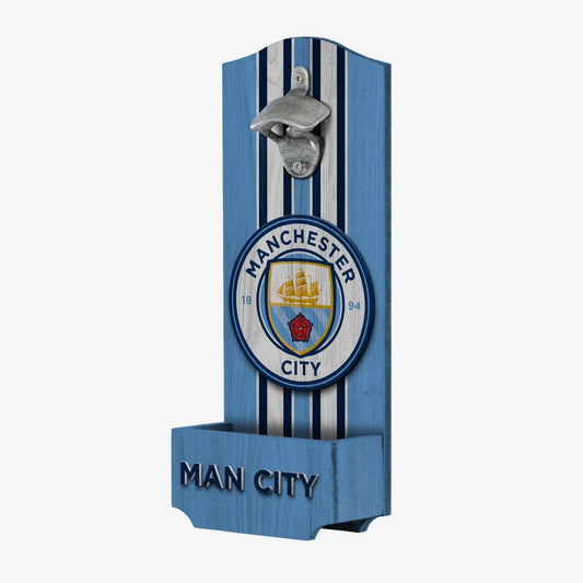 Décapsuleur en bois Manchester City avec panneau récupérateur de bouchons