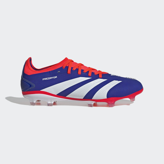 Adidas Predator Pro FG soccer boots in lucid blue, solar red, and cloud white colors with a cleated sole.