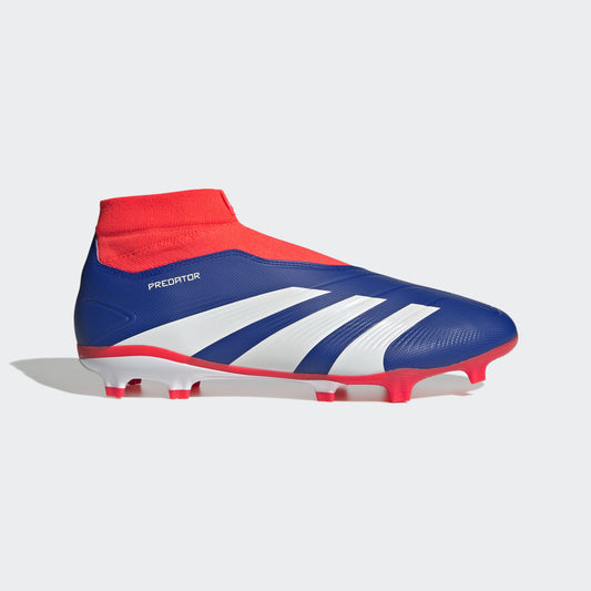 Adidas Predator League Laceless FG soccer cleat with a blue upper, white stripes, and red accents.