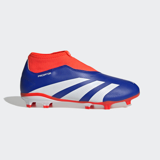 A pair of Adidas Predator League Laceless FG youth soccer cleats in blue, white, and red colors.