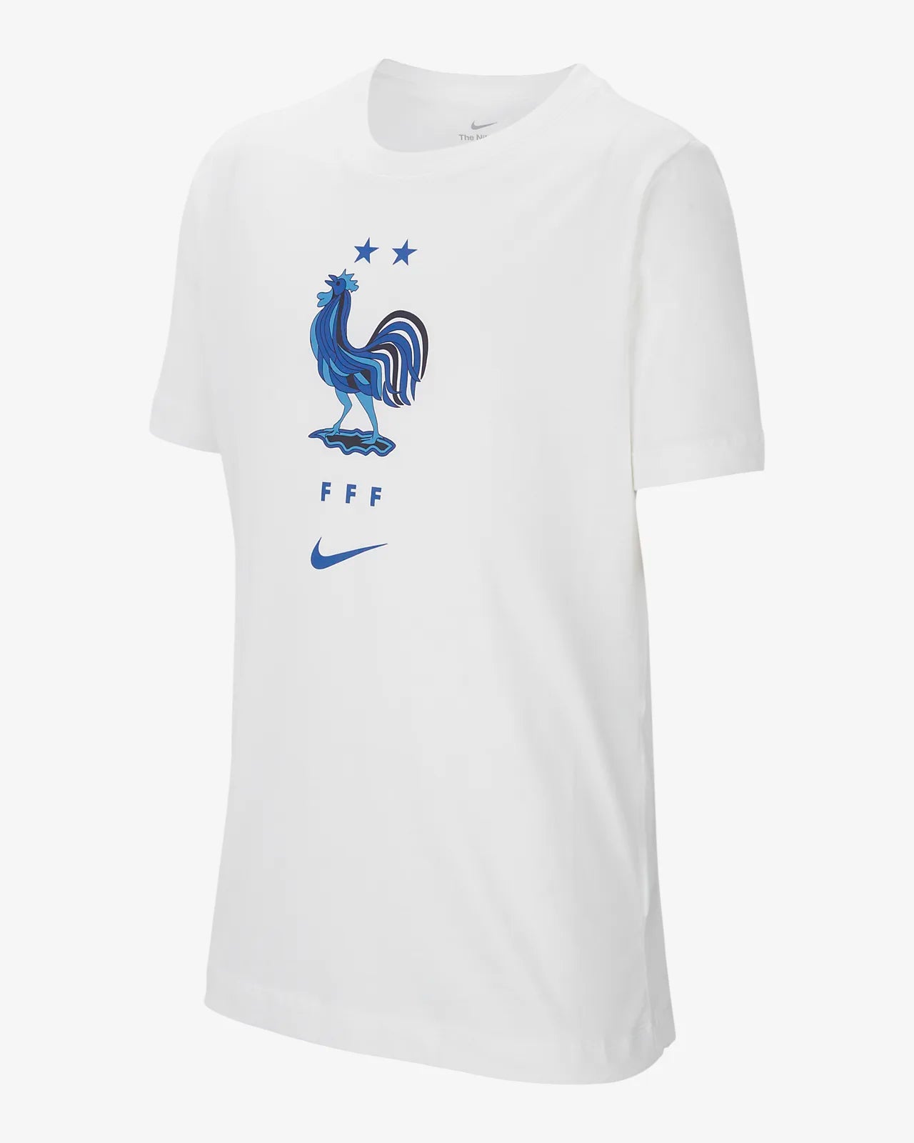 A white Nike France T-shirt featuring a blue graphic of a rooster and the French national team's emblem, with the Nike logo in blue at the chest.