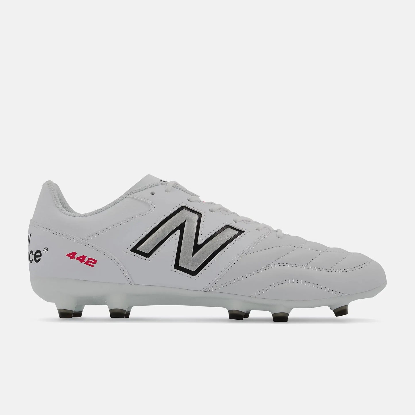 A pair of New Balance 442 V2 Team FG soccer cleats in white color with black detailing.