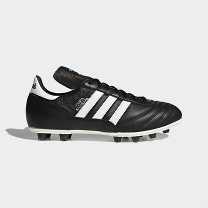 A black Adidas Copa Mundial soccer cleat with white stripes and branding on the side, featuring a leather upper and a synthetic sole with studs.