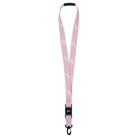 Pink lanyard with a black clip on a white background