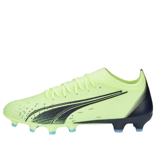 A Puma Ultra Match FG/AG soccer cleat in neon green with black accents and a textured design.