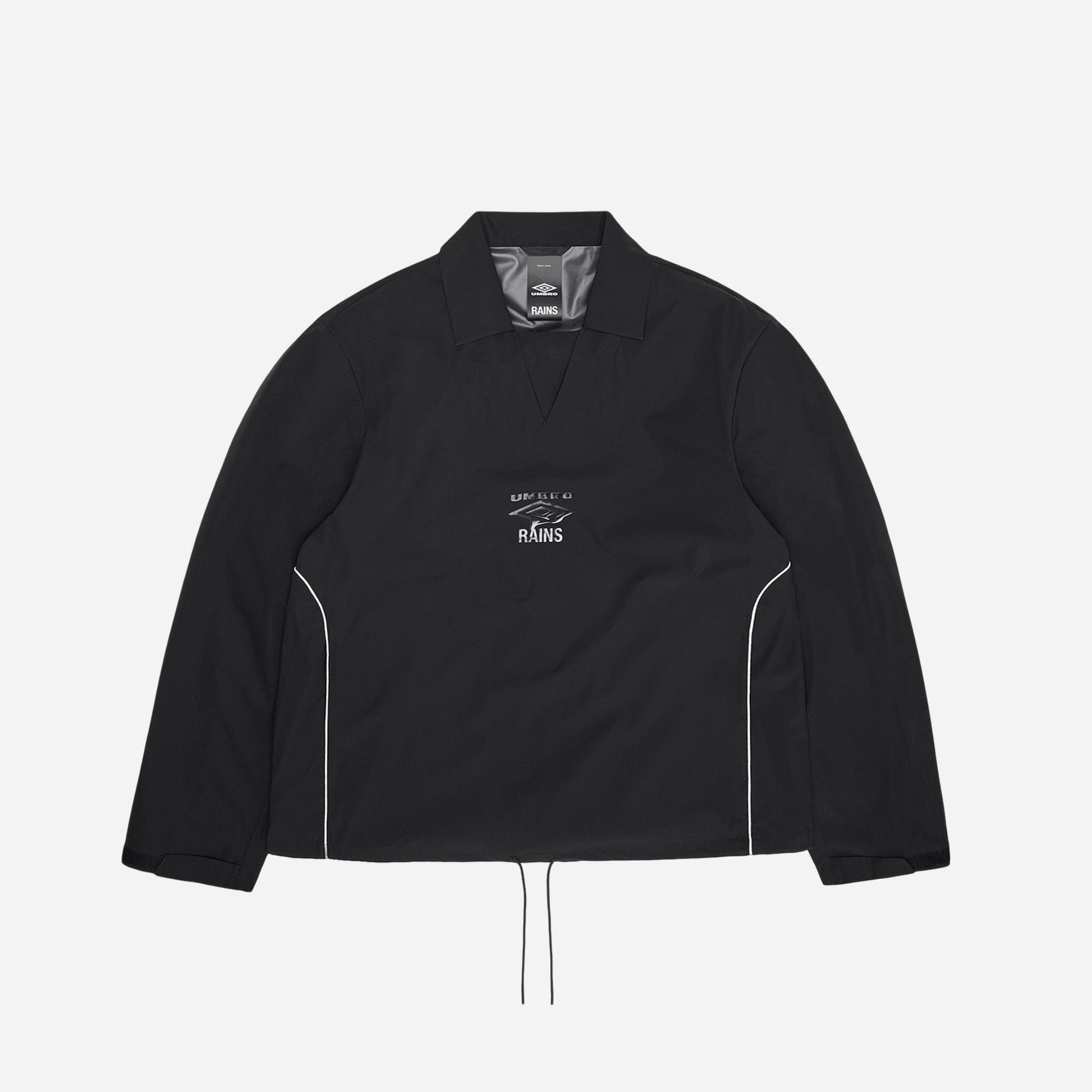 Black jacket with white accents on a light gray background