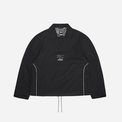 Black jacket with white accents on a light gray background