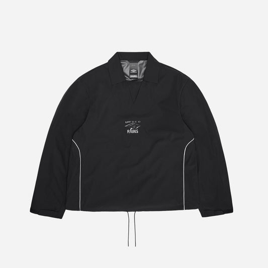 Black jacket with white accents on a light gray background