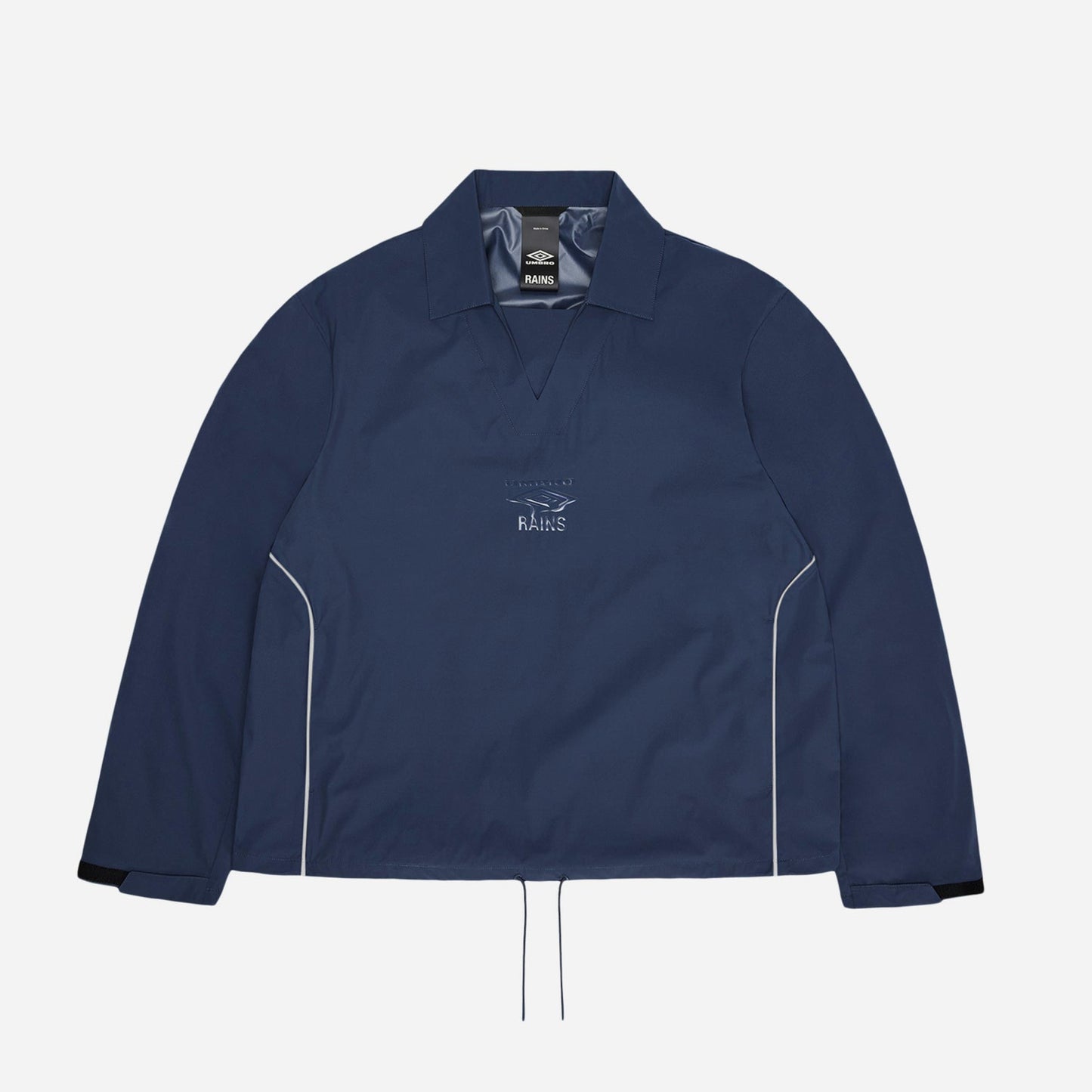 Navy jacket with white accents on a light gray background