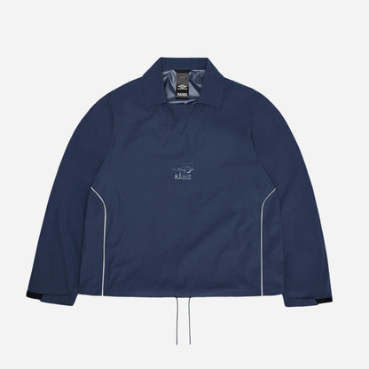 Navy jacket with white accents on a light gray background