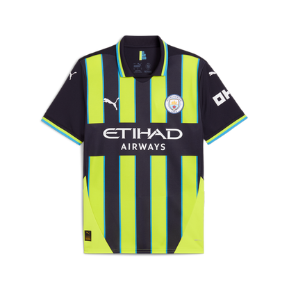 Puma Manchester City 24/25 Away Jersey featuring a black and neon yellow striped design with the Etihad Airways logo