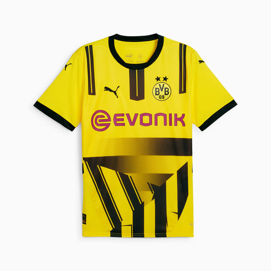 Yellow sports jersey with black accents and branding on a white background