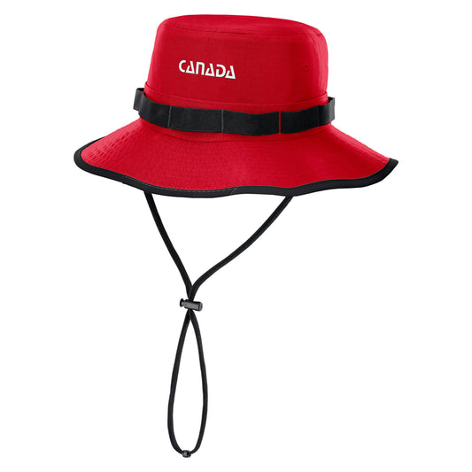 Red bucket hat with 'Canada' text and black strap on a white background