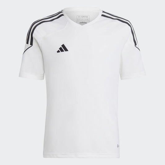 A white Adidas Tiro 23 jersey with black stripes on the sleeves for youth.