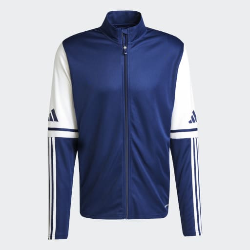 Navy blue Adidas track jacket with white stripes on the sleeves and a zipper front.