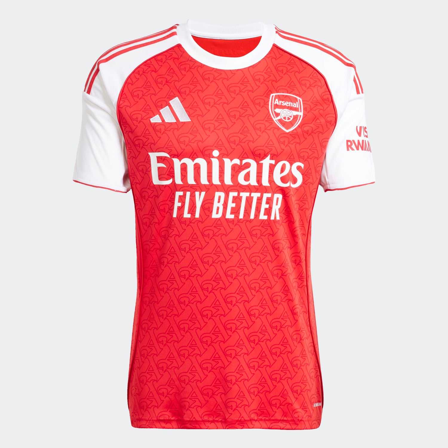 Red and white sports jersey with Arsenal and Emirates branding on a white background