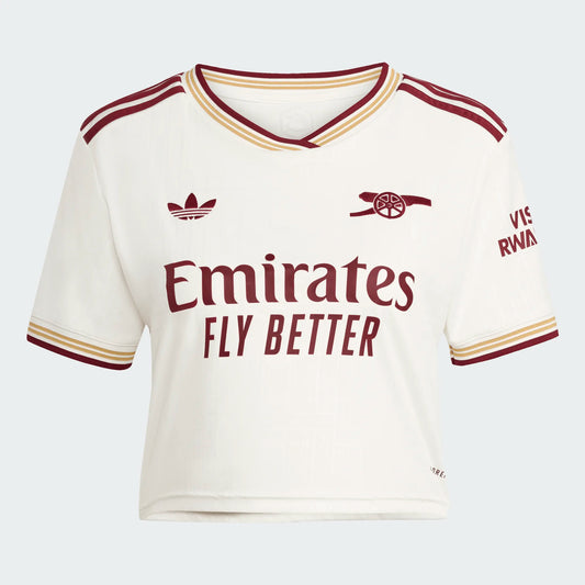 White sports jersey with maroon and gold accents featuring Emirates branding on a white background