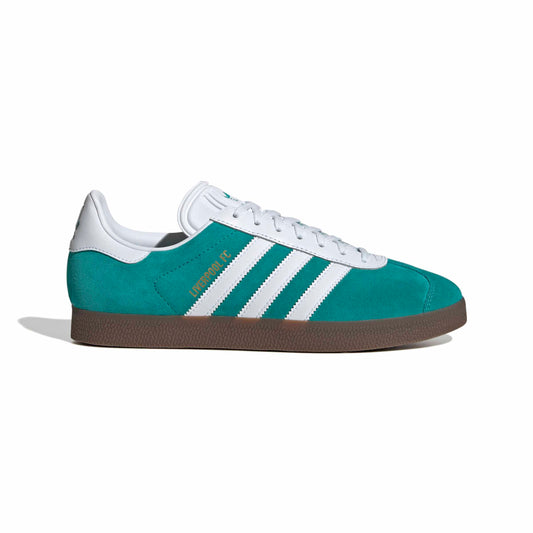 Teal Adidas sneaker with white stripes on a white background
