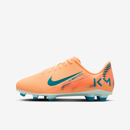 Orange soccer cleat with blue accents on a white background