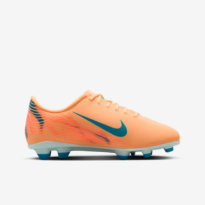 Orange soccer cleat with blue swoosh logo on a white background