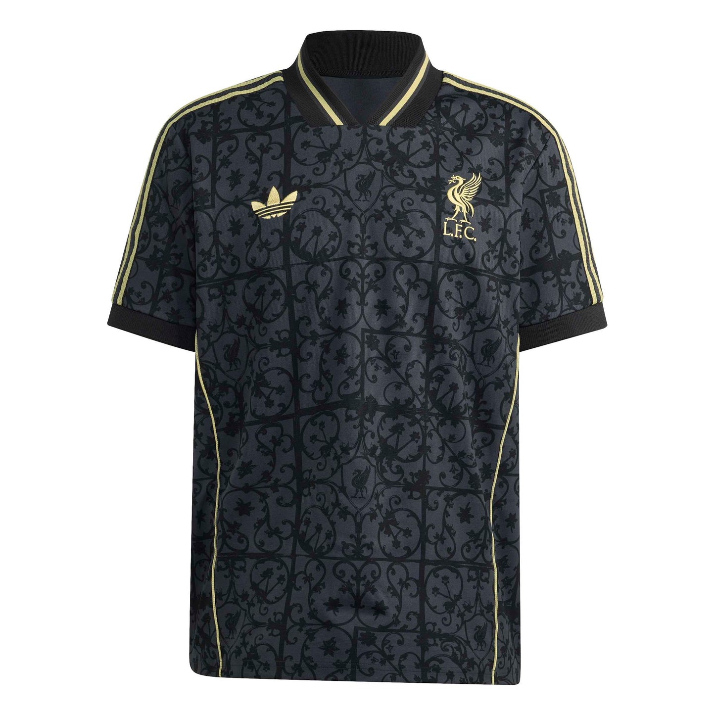 Black patterned sports jersey with Adidas and Liverpool FC logos on a white background
