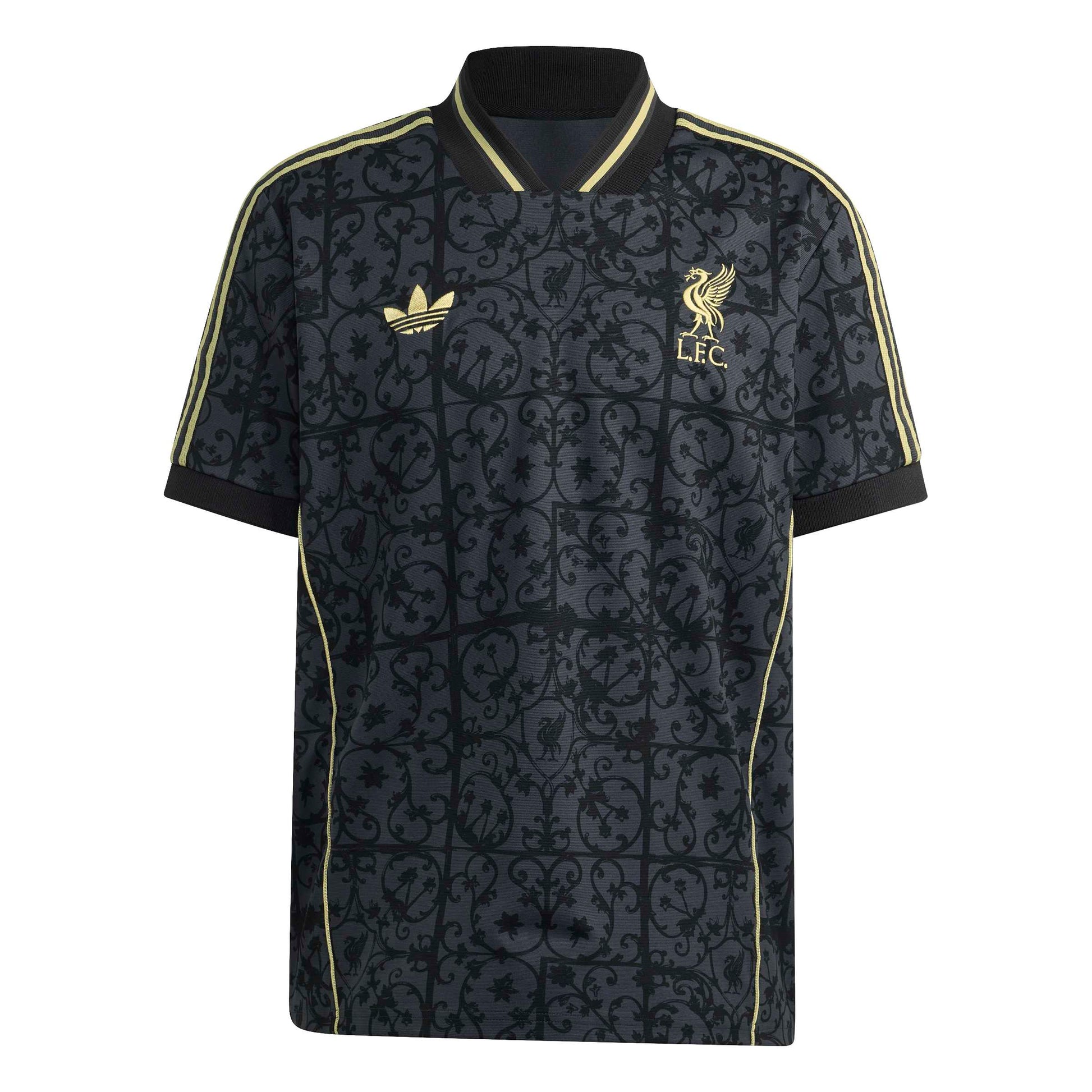 Black patterned sports jersey with Adidas and Liverpool FC logos on a white background