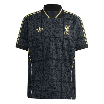 Black patterned sports jersey with Adidas and Liverpool FC logos on a white background