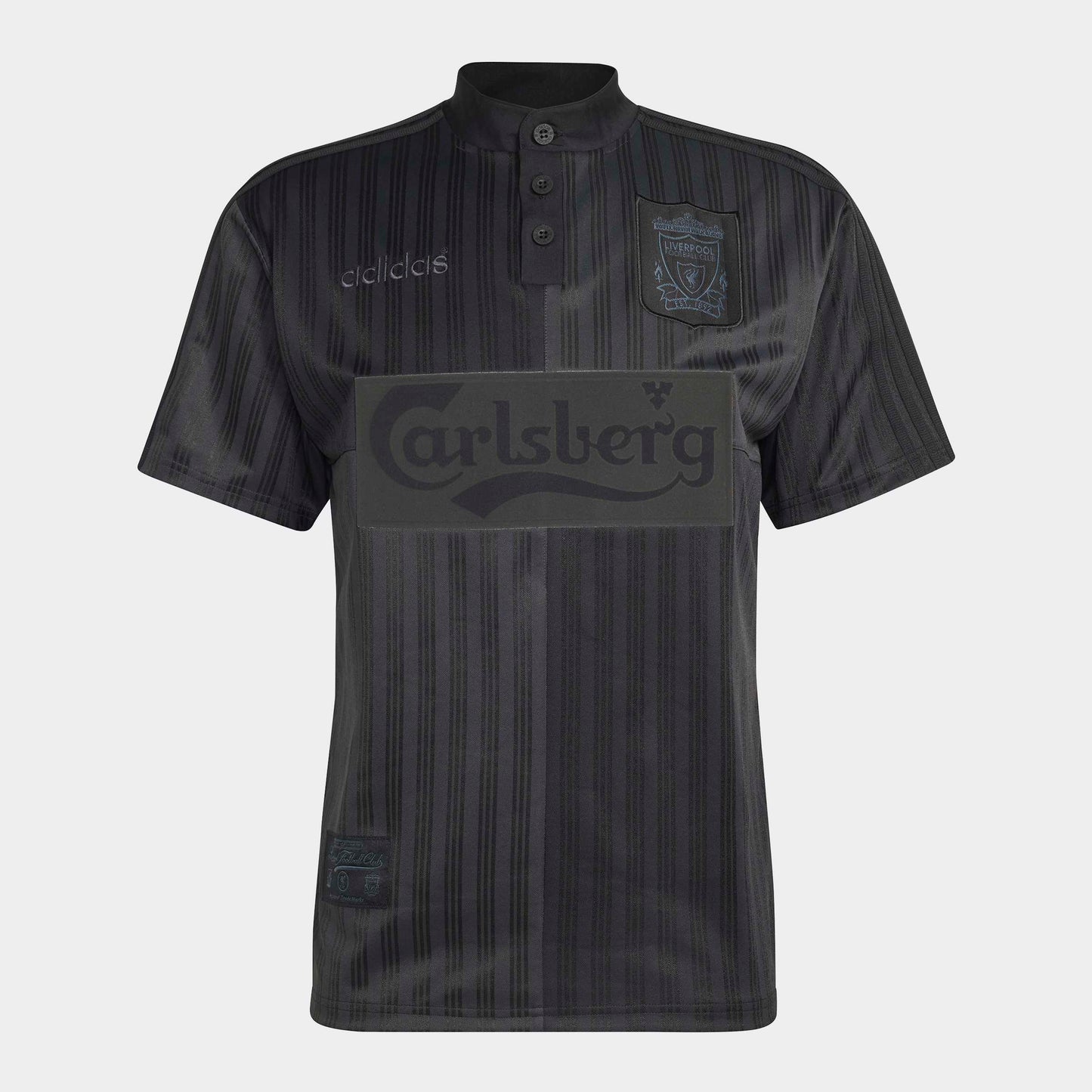 Black Adidas Liverpool jersey with Carlsberg logo on a light gray background