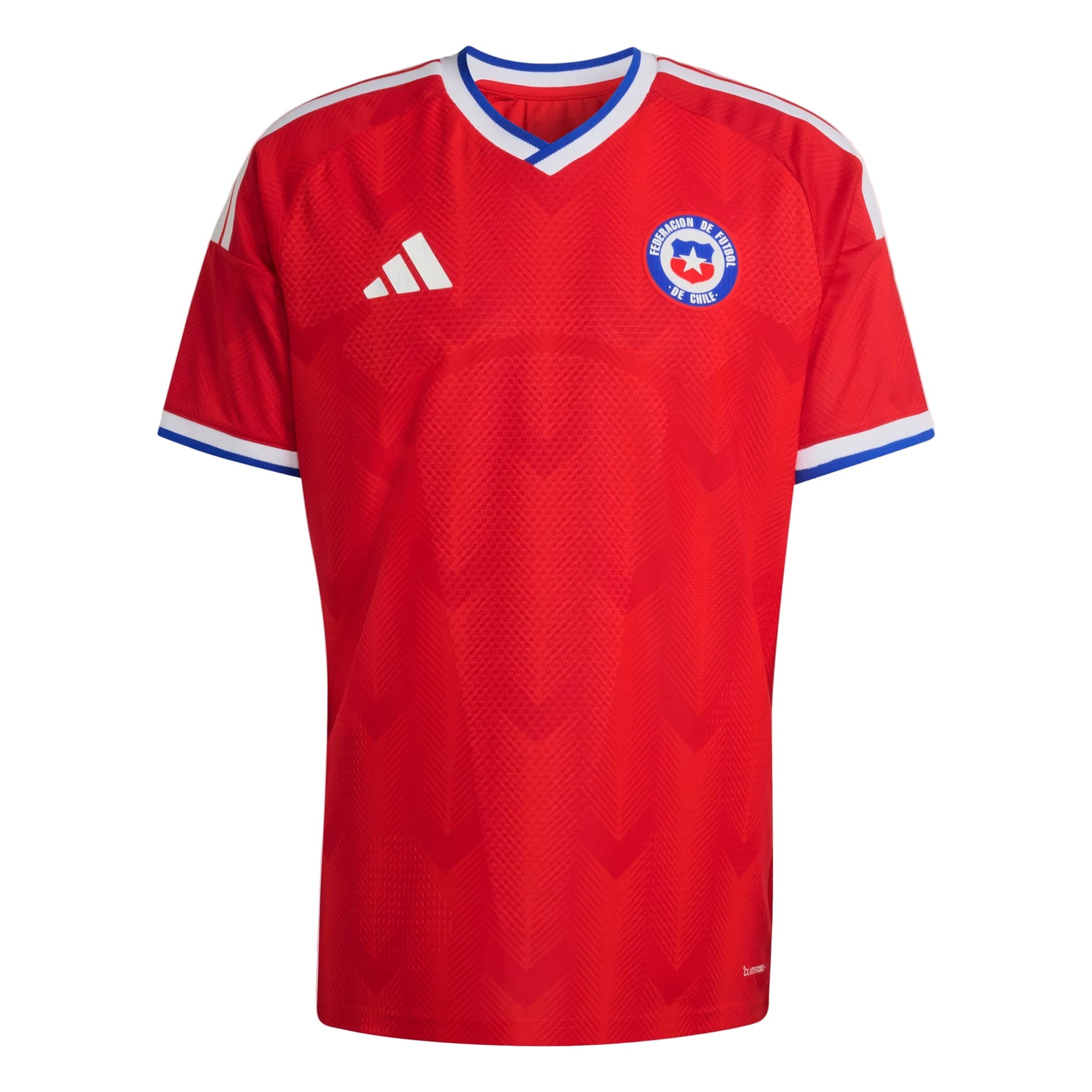 Red soccer jersey with Adidas logo and Chilean football association emblem on a white background
