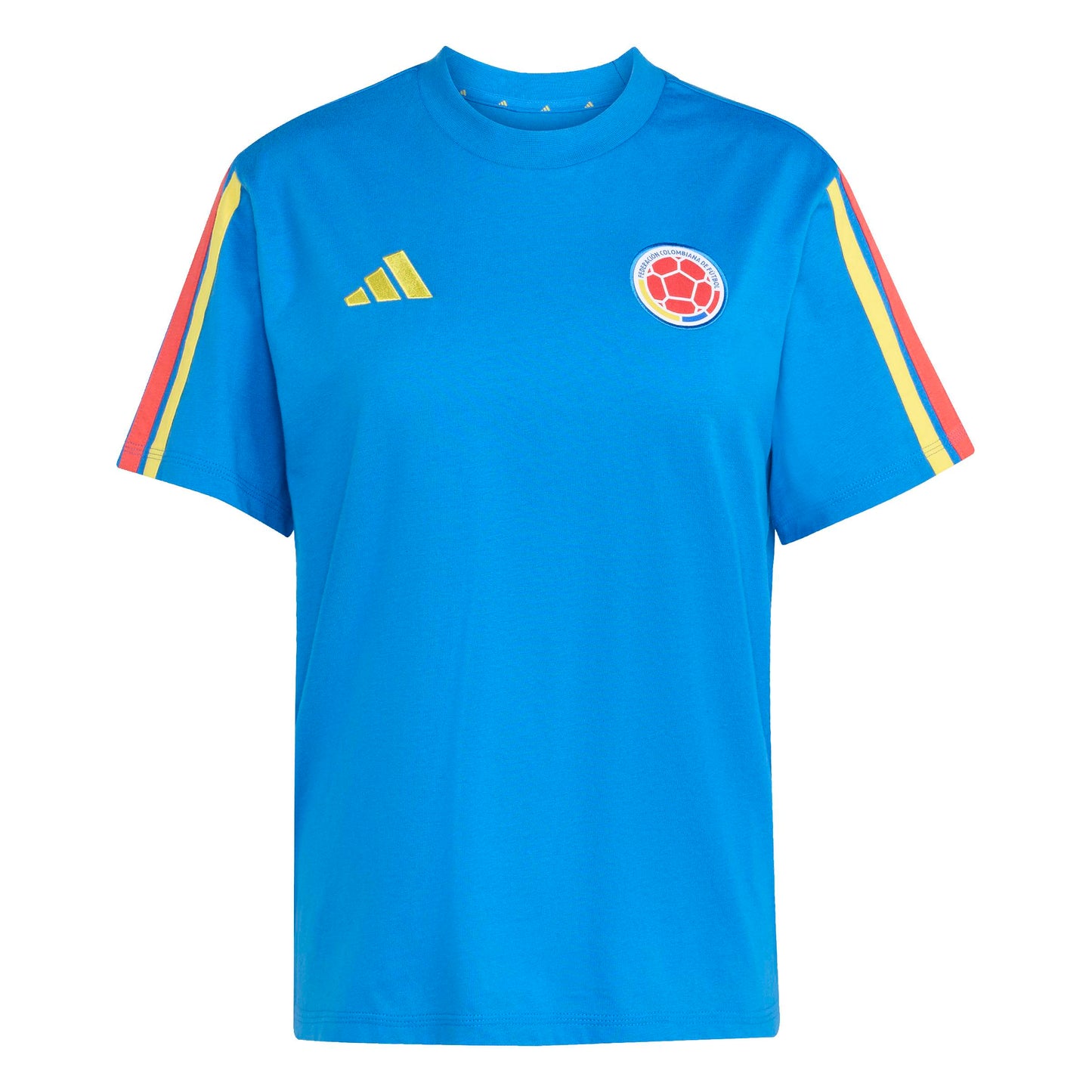Blue t-shirt with Adidas logo and Colombian flag design on a white background