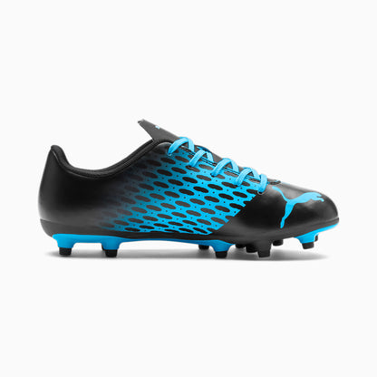 Black and blue soccer cleats on a white background