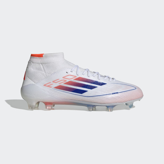 Chaussures de football mi-montantes Adidas F50 Elite FG pour femme, blanc/bleu/rouge