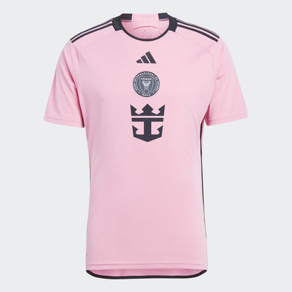 Adidas Inter Miami CF 24/25 Replica Home Jersey in pink color with black stripes on the sleeves and a graphic on the chest.