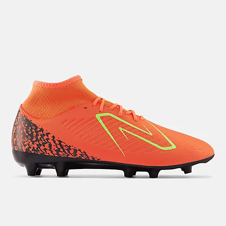 Orange soccer cleat with black speckled pattern on a light gray background